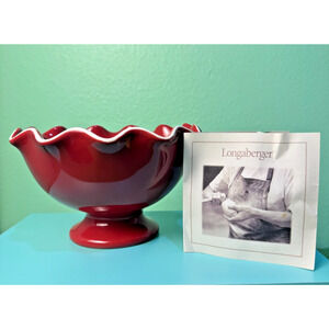Longaberger Pottery Red Fluted Pedestal Bowl with White Trim Excellent Condition